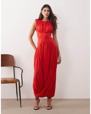 ARRANGE Gathe Drape Maxi Dress With Cinched Waist - Red