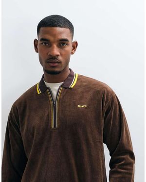 Huf Parker Long Sleeve Velour Zip Up Polo Shirt - Brown