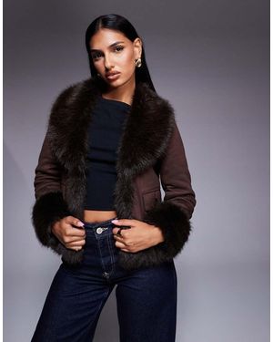 Aria Cove Faux Suede Contrast Faux Fur Trim Jacket - Blue