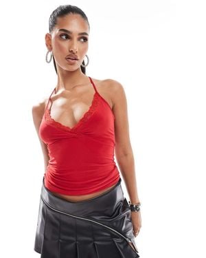 Fashionkilla Exclusive Slinky Double Layered Wrap Halterneck Top With Lace Trim