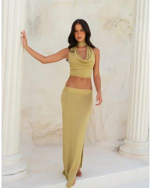 Aria Cove Metallic Knit Thigh Split Maxi Skirt Co-ord - Natural