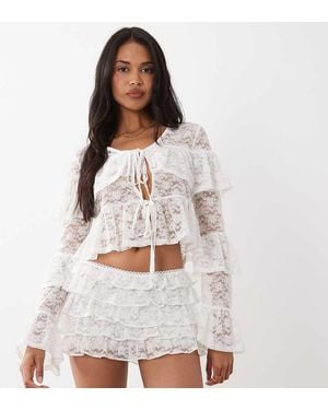 The Frolic Exclusive Lace Tiered Ruffle Tie Front Top - White