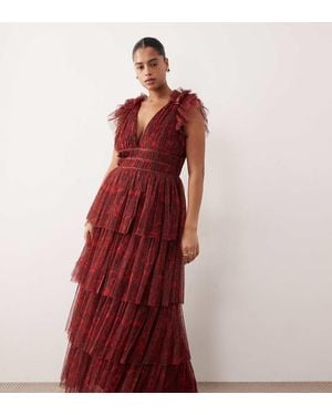 Lace & Beads Plus Tulle Flutter Sleeve Plunge Neck Tie Maxi Dress - Red