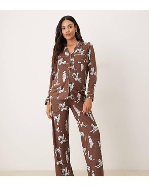 Chelsea Peers Exclusive Maternity Dalmation Long Sleeve Revere & Trouser Pyjama Set - Brown