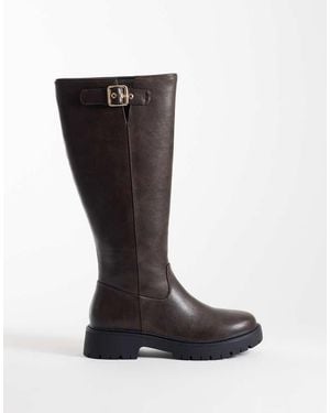 London Rebel Trista Chunky Knee Boots With Buckle Details - Black