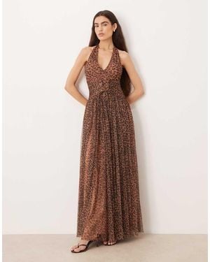 LACE & BEADS Tulle Halter Lace Up Corset Detail Maxi Dress - Brown