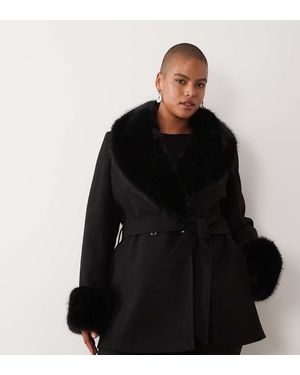 Forever New Faux Fur Trim Belted Short Coat - Black