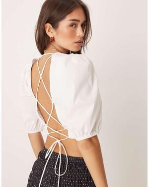 NARRATED Puff Sleeve Open Back Crop Top - White