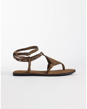 Mango Teen 100% Suede Leather Studded Flat Sandal - Brown