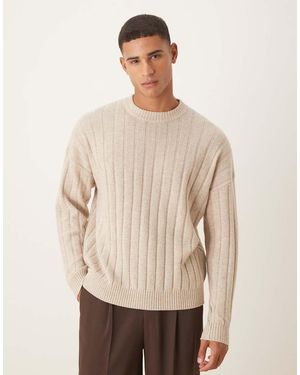 ASOS Jersey Beis Jaspeado Extragrande Con Cuello Redondo De Punto De Canalé De Lana De Cordero De -Neutro