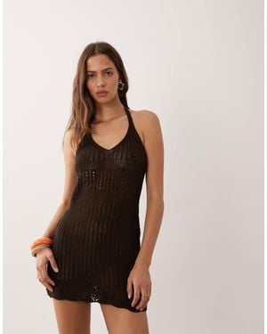 Miss Selfridge Crochet Halter Mini Dress - Brown