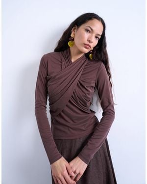 TOPSHOP Cross Over Wrap Long Sleeve Top - Purple
