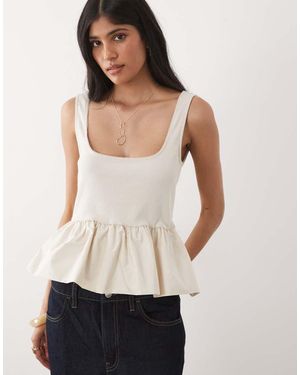 Miss Selfridge Ribbed Vest Top With Poplin Bubble Hem - Natural