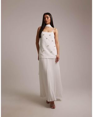 Six Stories Bridal Pearl Embellished Pleated Drop Waist Scarf Detail Maxi Dress - White