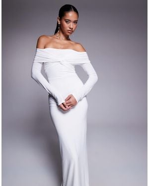 Missy Empire Double Sculpted Slinky Bardot Twist Front Detail Long Sleeve Maxi Dress - Blue