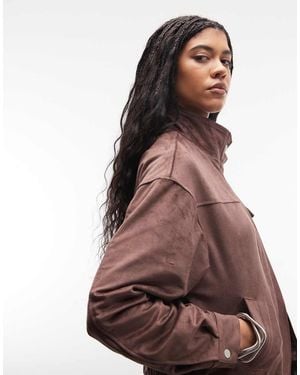 Liquor N Poker Boxy Faux Suede Funnel Neck Jacket - Brown