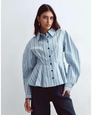 ARRANGE Structured Collared Peplum Shirt With Contrast Buttons - Blue