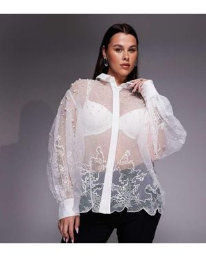 ASOS Curve Organza And Lace Mix Pearl Embellished Shirt - White