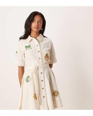 Never Fully Dressed Petite Embroidered Shirt Mini Dress - Natural