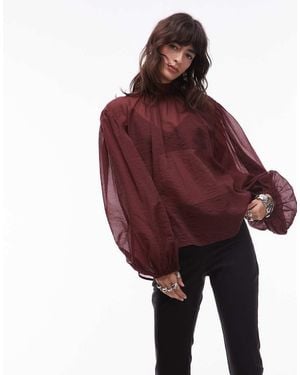 & Other Stories Semi Sheer Blouse With Puff Sleeves And Bow - Red