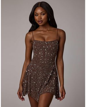 Oh Polly Hanky Hem Hot Fix Embellished Mini Dress - Brown