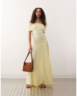 Lioness Field Of Dreams Foldover Bardot Ruched Drop Waist Pleated Maxi Dress - Natural
