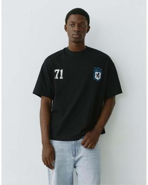 Pull&Bear T-shirt coupe carrée avec motif lion - Noir