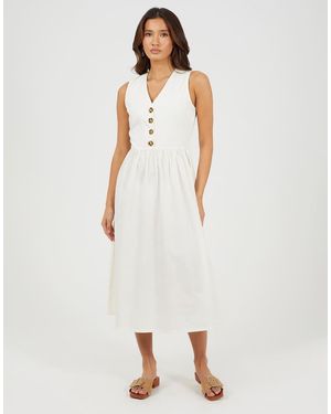Brave Soul Sleeveless V-Neck Button Down Midi Dress - White