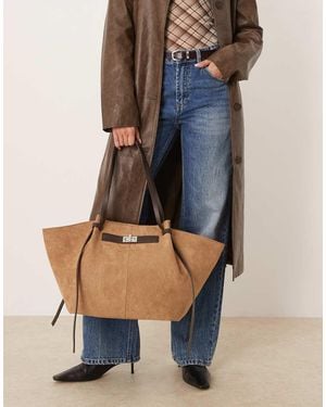 Gina Tricot Faux Suede Medium Tote Bag With Strap And Clutch Detail - Blue
