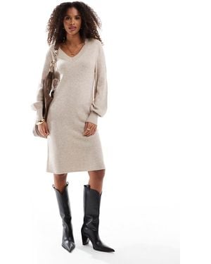 ONLY V-Neck Knitted Midi Dress - Natural