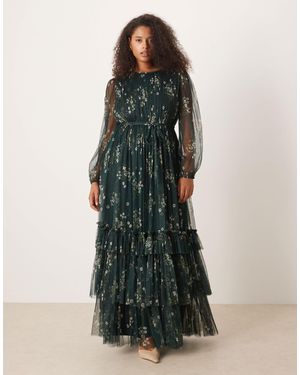 Lace & Beads Plus High Neck Long Sleeve Tulle Maxi Dress - Green