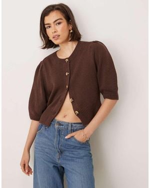 ASOS Crew Neck Cardigan With Puff Sleeve - Blue