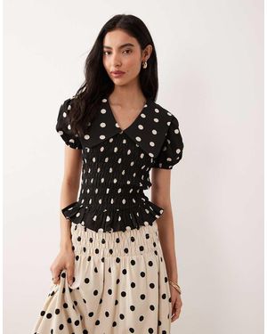 Glamorous Gesmokte Top Met Pofmouwen, Kraagje En Stippen - Zwart
