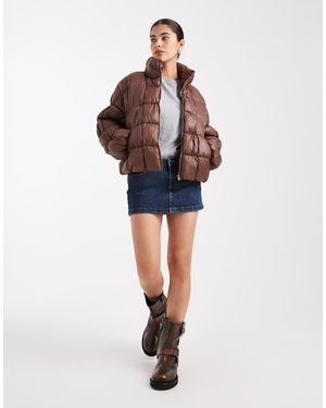South Beach High Shine Quilted Jacket With Ruched Sleeve Detail - Brown