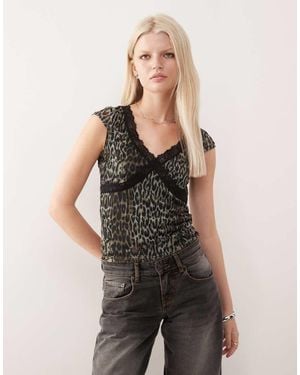 Noisy May Cap Sleeve Mesh Top With Lace Edge - Green