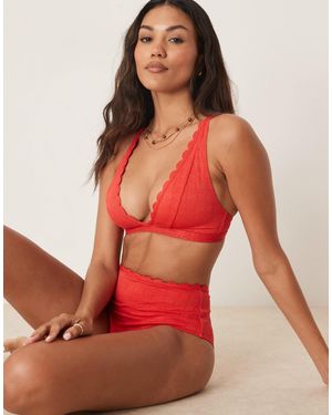 Peek & Beau Plunge Broderie Bikini Top With Scallop Detail - Red