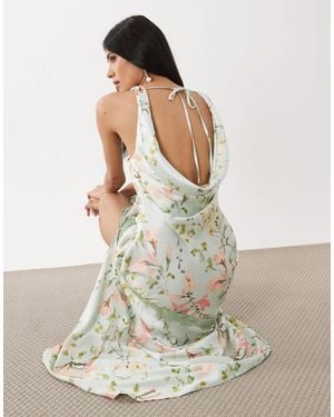 Hope & Ivy Satin Cowl Neck Lace Trim Midi Dress - White