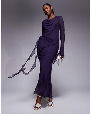 DASKA Chiffon Maxi Dress With Frill Details - Blue