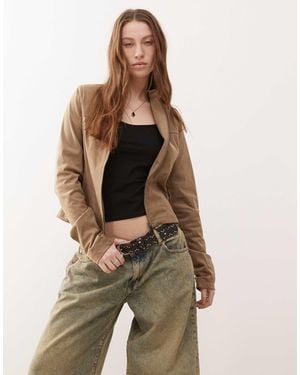 Motel Mandy Faux Suede Biker Jacket - Brown