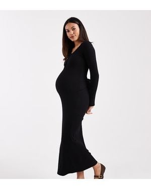 ASOS Asos Design Maternity Ribbed Scoop Button Midi Dress With Tie Detail - Black