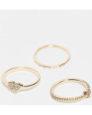 ASOS Pack De 3 Anillos Dorados Con Diseño De Corazón Y Cristal Rosa Brillante De - Blanco