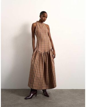 TOPSHOP Tolu Coker X Check Open Back Midi Dress - Brown