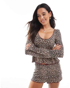 The Frolic Exclusive Cropped Scoop Neck Long Sleeve Pyjama Lounge Top Co-Ord - Multicolour