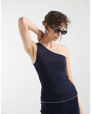 ASOS Geribbeld Hemdje Met Blote Schouder En Festonsteek - Blauw