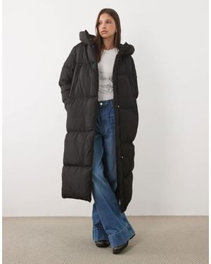 Threadbare Long Padded Coat With Hood And Front Pockets - Blue