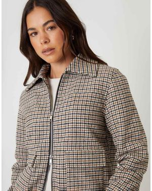 Threadbare Houndstooth Check Faux Wool Jacket - Brown