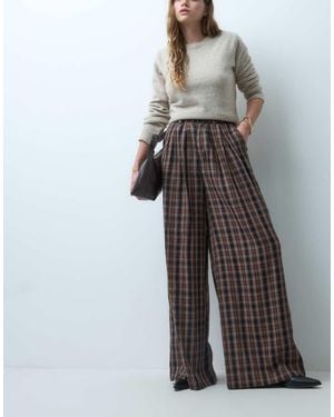 Noisy May High Waist Wide Leg Check Trouser - Grey