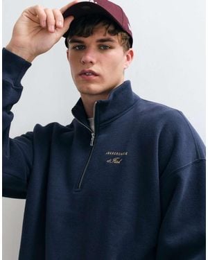 Abercrombie & Fitch Script Logo Oversized 1/4 Zip Sweatshirt - Blue