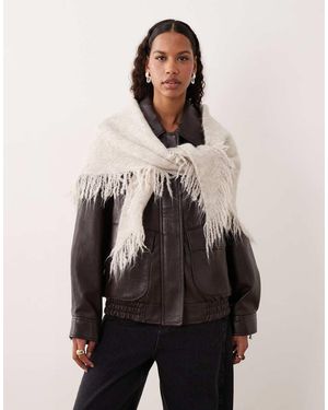 Mango Wool Mix Knitted Fringed Shawl - Natural