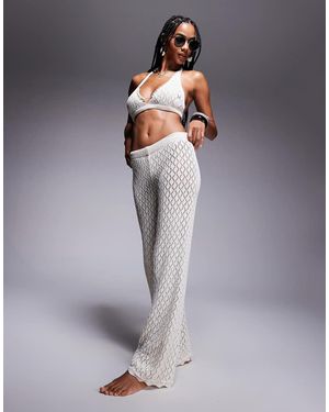 Missy Empire Pantalones Playeros De Talle Alto Y Pernera Ancha De Punto De Missy Empire (Parte De Un Conjunto)-Blanco - Gris